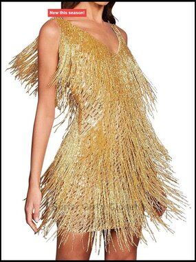 1920s Sequin Fringe Dress V-Neck Sleeveless Gatsby Party Bodycon Mini Dress